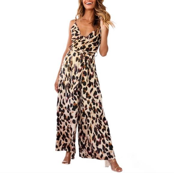 Selfie Leslie Pants - SELFIE LESLIE Wideleg Cowl Jumpsuit Strappy Satin Flowy Leopard Night Ou…